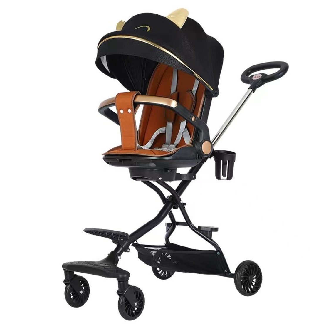Carucior Sport Flippy 3in1, 6-36 Luni, Reversibil, Pliabil, Tavita pentru Masa, Pozitie de Somn, Centura de Siguranta, Roti 360, Suport Pahar, Copertina pentru Soare, 32x63x95cm, Negru, Model Pisicute