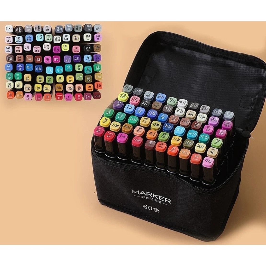 Set 60 Markere, Flippy, pe Baza de Ulei, Dublu Capat, Subtire 1mm si Gros 6 mm, Geanta Depozitare, 15 cm, Multicolor