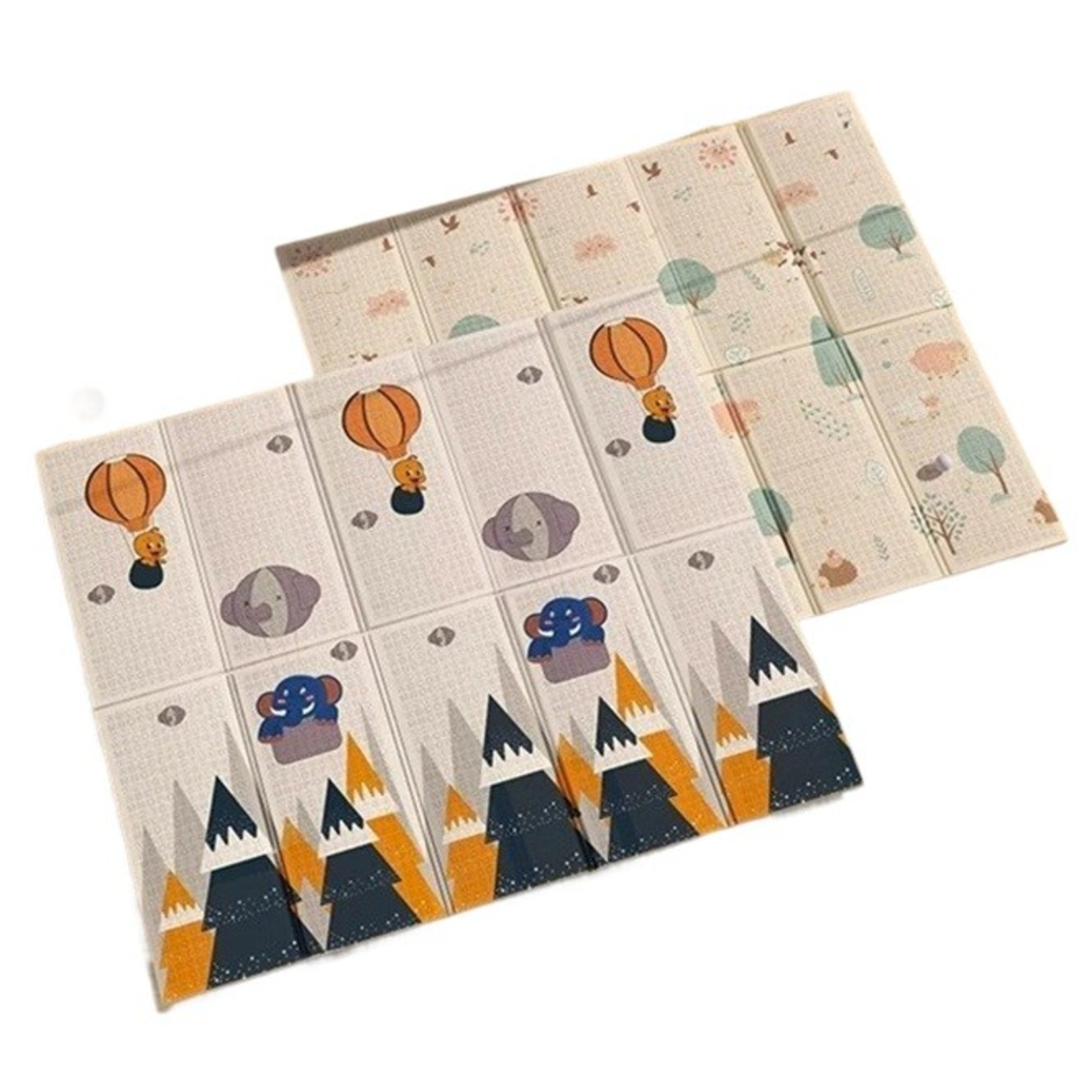 Covoras pentru Copii, Flippy, cu 2 Fete, Model Padure/Elefanti, din XPE+PE, Impermeabil, Antiderapant, Protectie Termica, +3 Luni, Pliabil, 150 x 200 x 1.5 cm, Multicolor