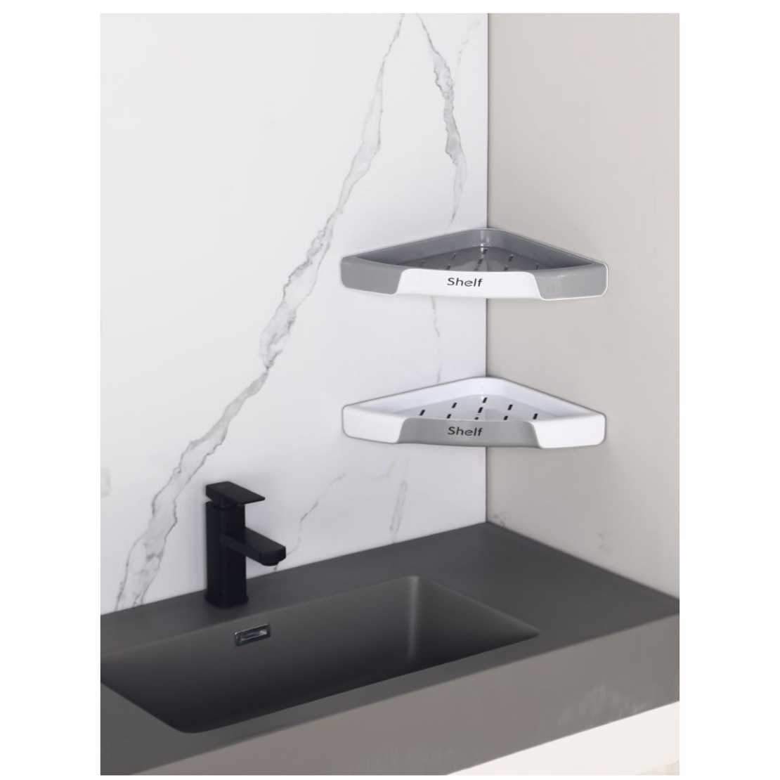 Suport Depozitare, Flippy, din Plastic, Montare fara Perforatii, pentru Baie/Bucatarie, 28 x 39 x 4.5 cm, Gri