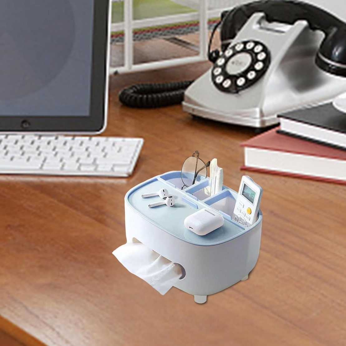 Suport pentru Servetele, Flippy, Cutie Multifunctionala, Design Minimalist, ABS, cu Suport pentru Obiectele Personale, pentru Birou, 21x12x12 cm, Albastru