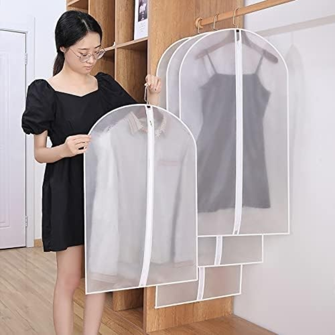 Set 5 Huse de Depozitare cu Fermoar, Flippy, pentru Haine, de Protectie, pentru Voiaj, Netesut, Rezistent la Praf, 60x100 cm, Transparent-Alb