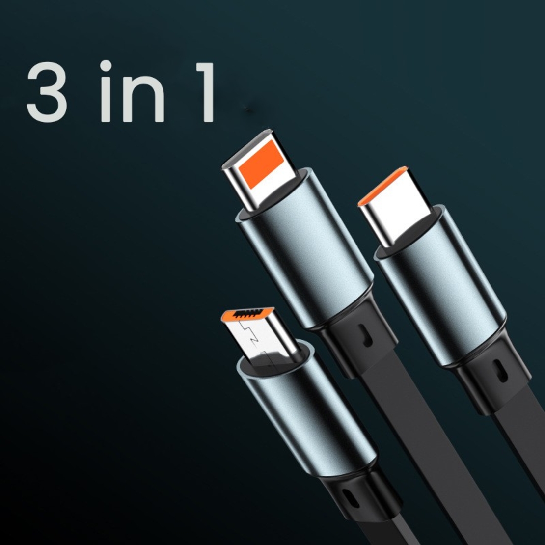 Cablu Retractabil 3in 1 pentru Telefon, Flippy, Cablu de incarcare rapida 100W, stil Mecha, potrivit pentru Auto, Universal 1.2M, Negru