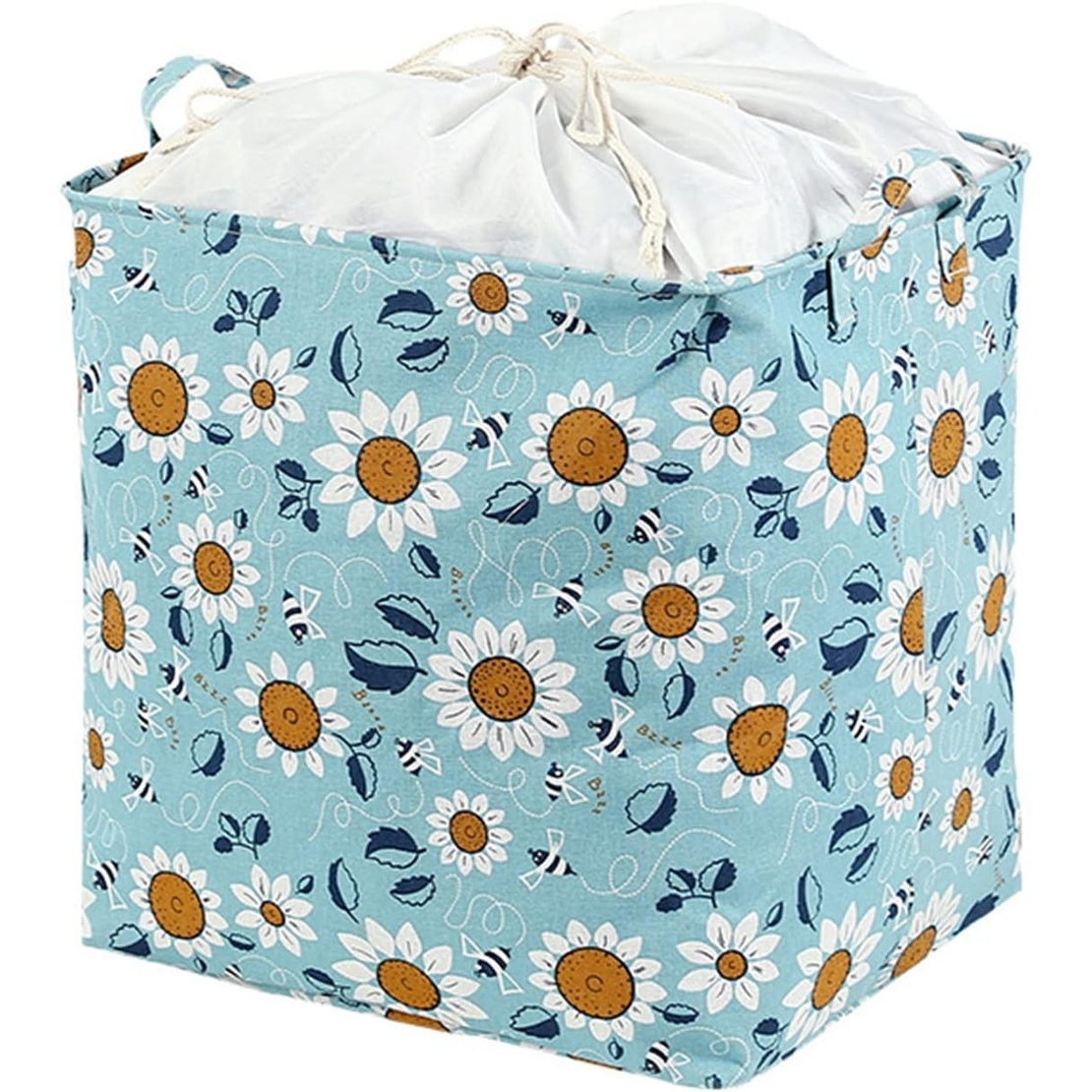 Cos depozitare, Flippy, Capac cu Snur, 175 L, Confectionat din Bumbac si un Strat Impermeabil, 50 x 50 x 70 cm, Albastru Deschis, Imprimeu Flori