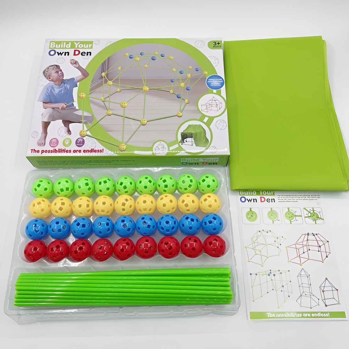 Kit de Constructie Fort 3D pentru Copii, Flippy, 560 g, 36 Sfere, 51 Tije, Panza Verde Impermeabil, 3 ani, Educativ, Multicolor