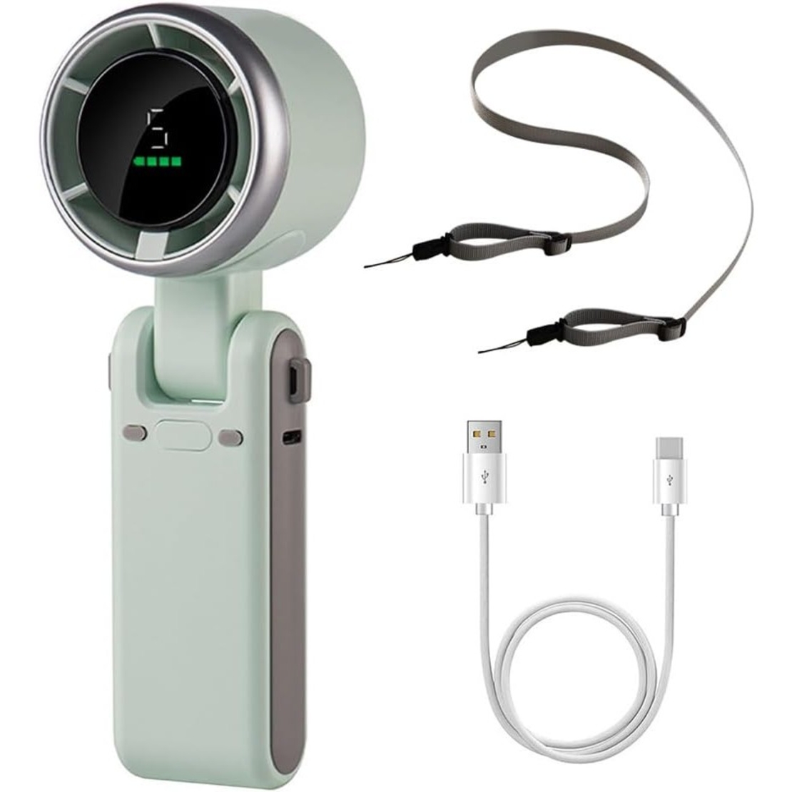 Mini Ventilator Portabil, Flippy, 5 Trepte de Viteza, Afisaj Digital, Incarcare USB, 5V, 2A, 5.95 x 5.2 x 17.2 cm, Verde