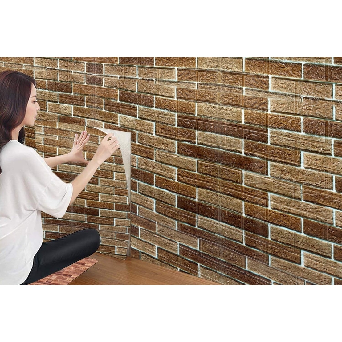 Set 10 Stickere de Perete, Flippy, Autoadezive, 70 x 77 cm, 2.5 mm Grosime, Suprafata Acoperita 5.3 mp, din PVC, Model Caramida, Maro