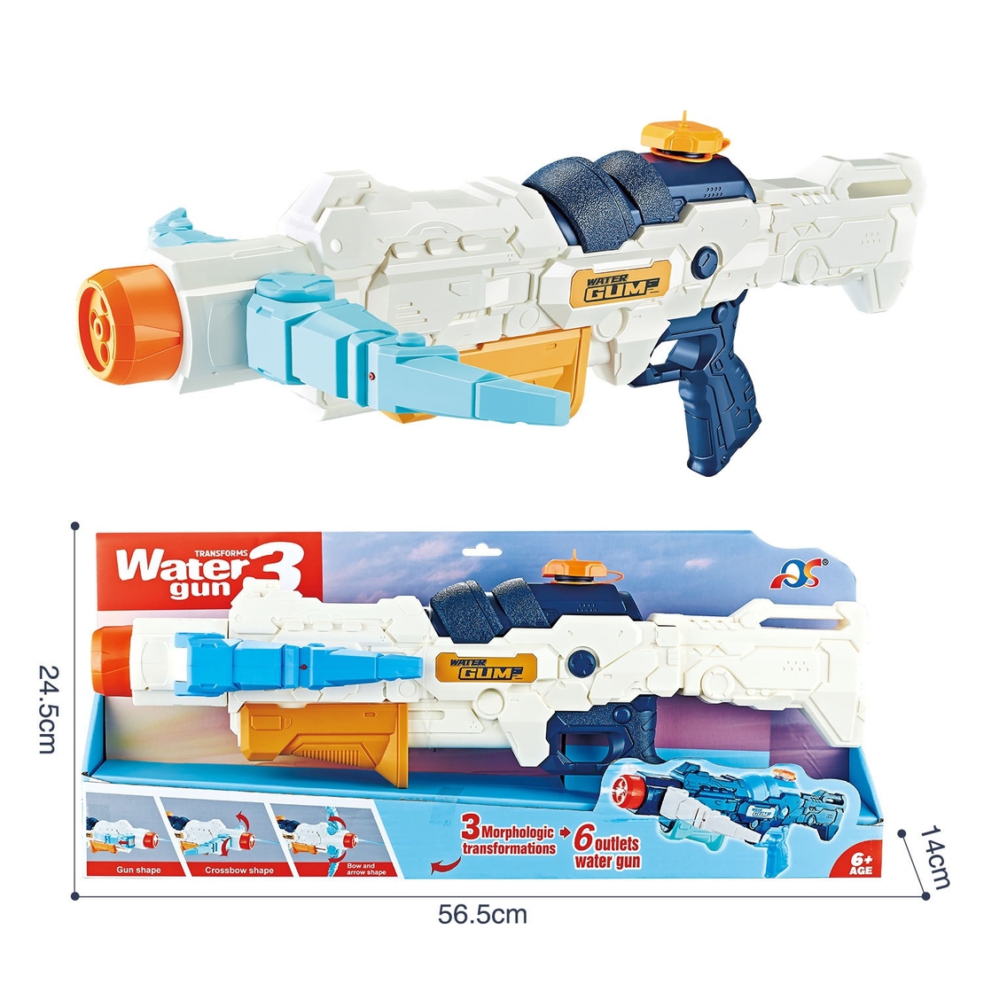 Pistol cu Apa, Flippy, +6 Ani, Rezervor 700 ml, 4 Moduri de Stropire, din Plastic, 56 x 37 x 23 cm, Alb
