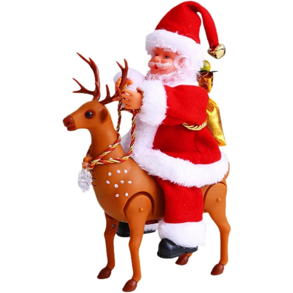 Decoratiune Mos Craciun, Flippy, Animat, care Canta si Danseaza, cu Saculet, pe Ren, Imbracat Festiv, 28x21x10 cm, Rosu