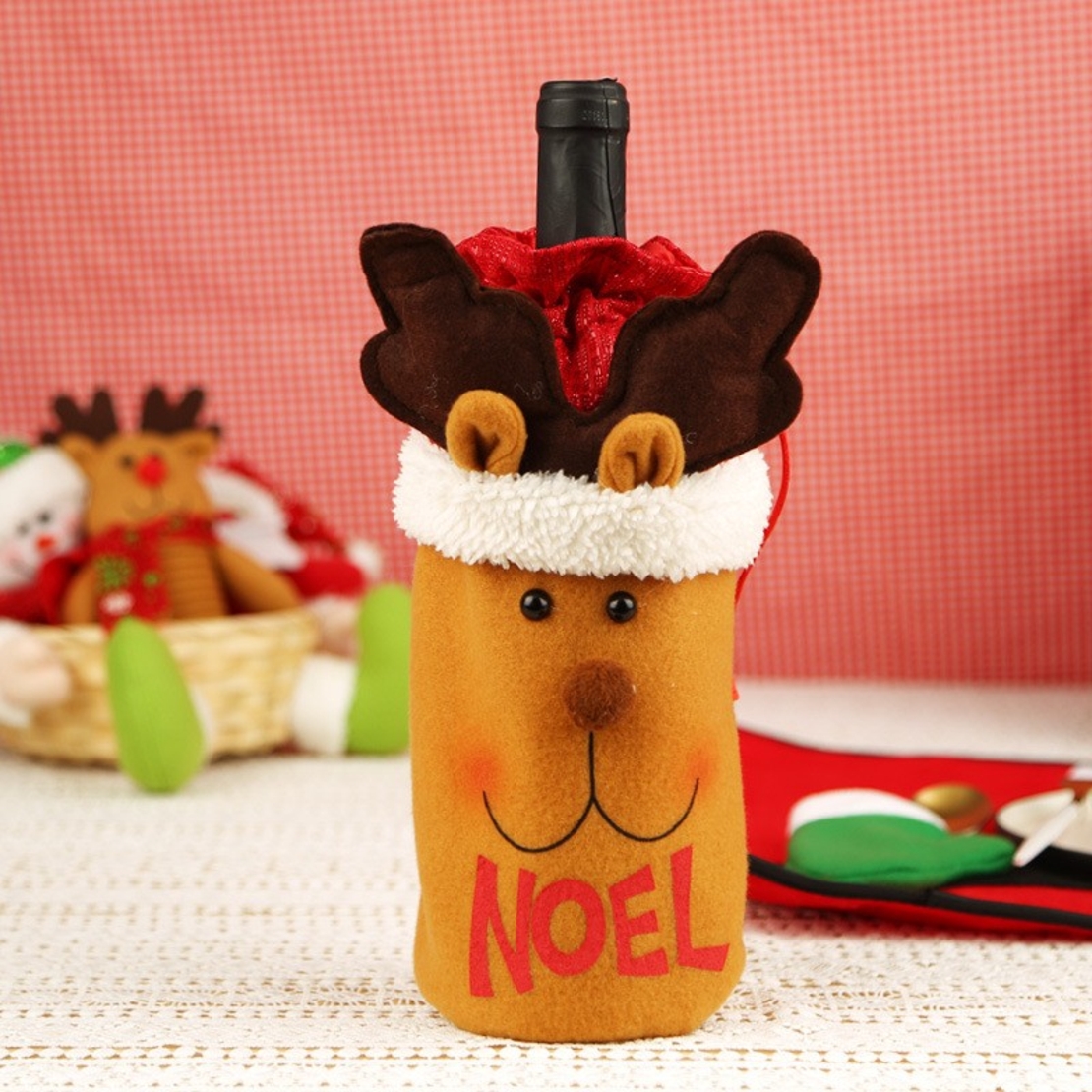 Saculet de Craciun pentru Sticla de Bautura, Flippy, Model Ren Accesorizat, Tematica Petrecere de Craciun, Marime Universala, 13x28 cm, Maro