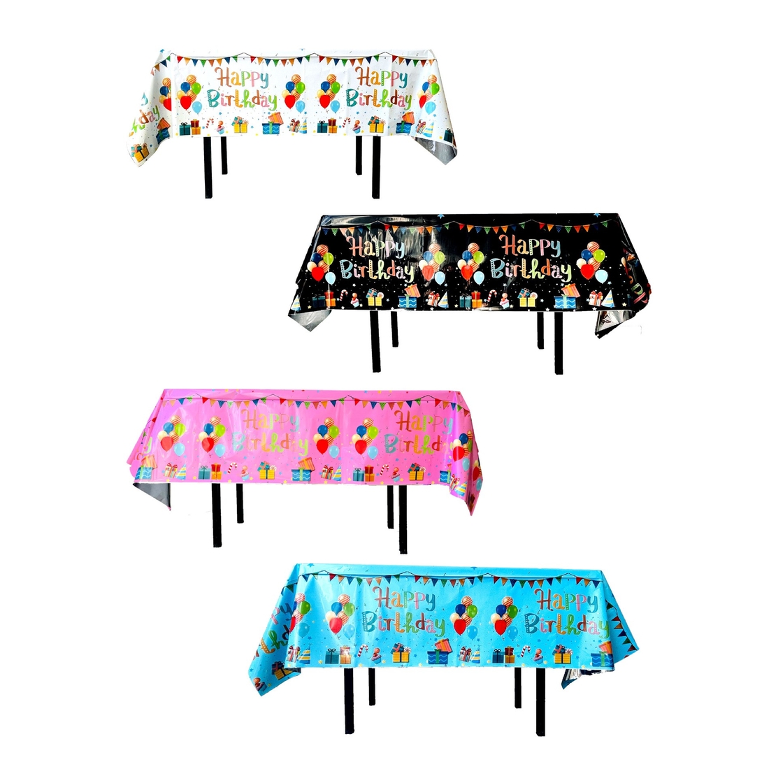 Fata de Masa, Flippy, din Folie, Imprimeu Happy Birthday cu Baloane, 137 x 274 cm, Alb