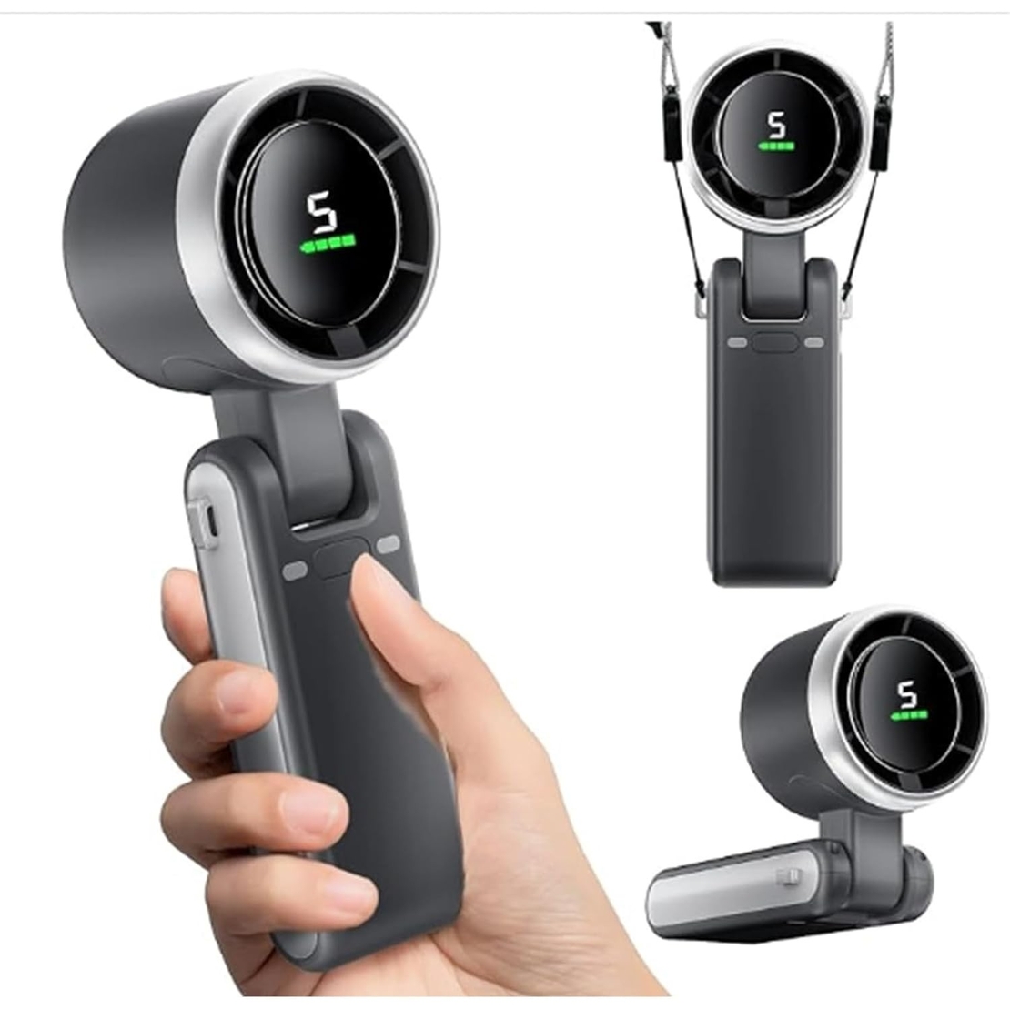 Mini Ventilator Portabil, Flippy, 5 Trepte de Viteza, Afisaj Digital, Incarcare USB, 5V, 2A, 5.95 x 5.2 x 17.2 cm, Negru