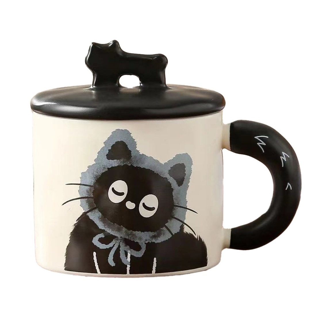 Cana din Ceramica, Flippy, Model in Cutie pentru Cadou, Cana pentru Ceai, Cafea, Cana Retro Design Capac cu Figurina 3D, 9.5 x 8 x 8 cm, 360 ml, Bej, Print Pisica Albastru Negru