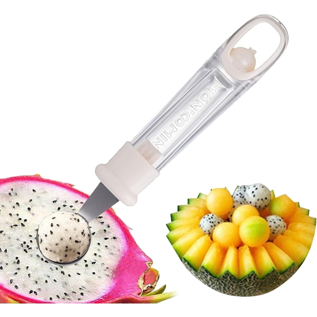 Lingura pentru Bile de Fructe, Flippy, Scobitor Fructe, Ustensila Multifunctionala pentru Fructe, Accesoriu de Bucatarie, Lingura Antialunecare pentru Salata de Fructe, 17.6 x 2.9 cm, Bej