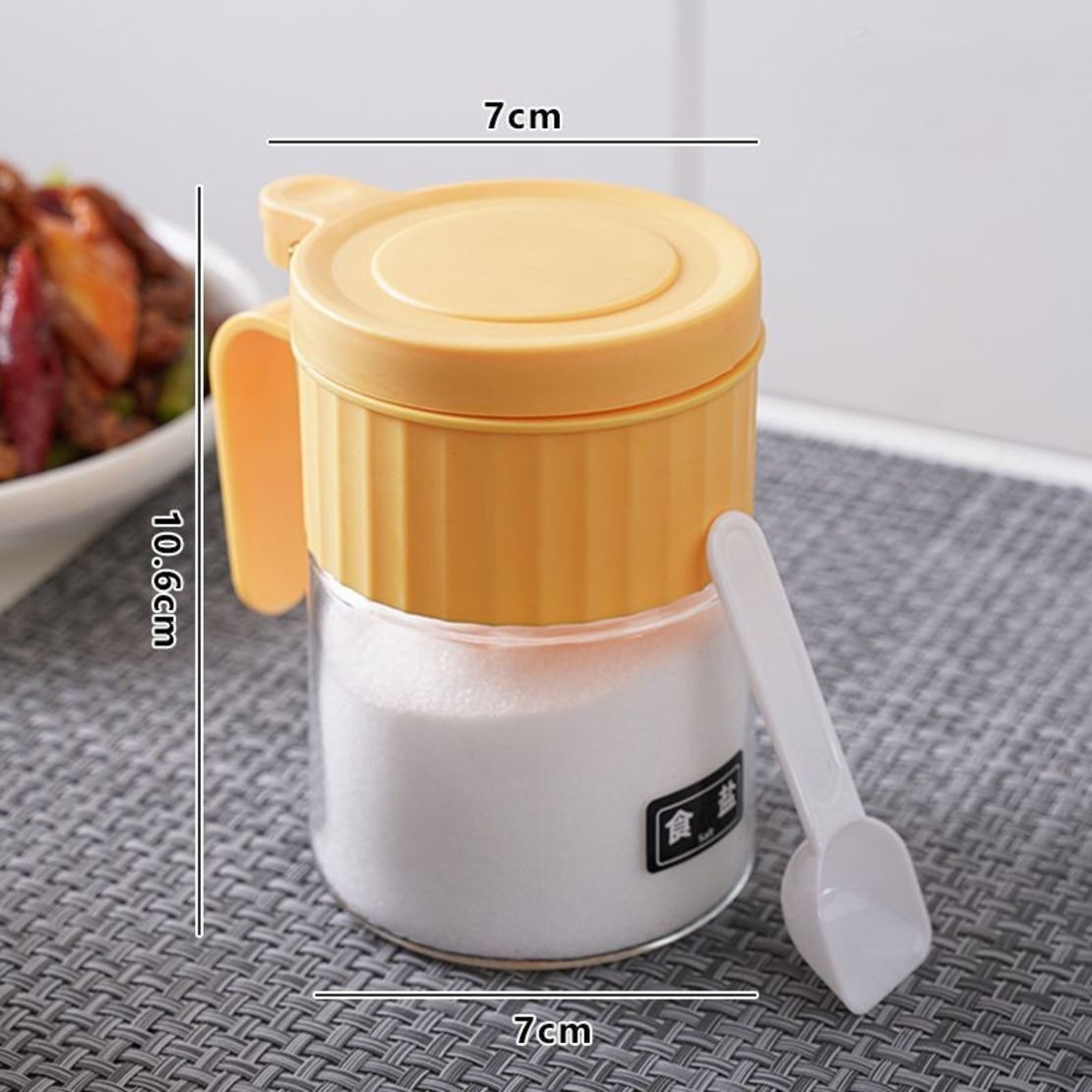 Recipient Condimente, Flippy, din Stilca, 180 ml, cu Maner si Lingurita, 10.6 x 7 x 7 cm, Capac Mat, Galben