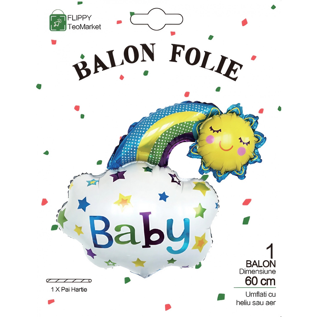 Balon din Folie Metalizata, Flippy, Figurina Soare si Nor, Tema Botez, 60x53 cm, Ambalaj Individual, Pai Inclus, Umflare cu Aer sau Heliu, Albastru