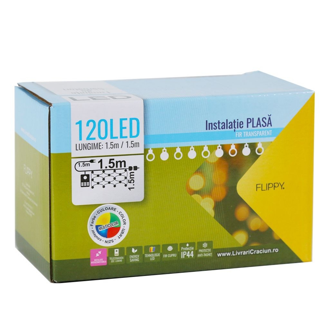Instalatie de Craciun, Flippy®, Tip Plasa, 1.5 x 1.5 m, 120 LED-uri, Interconectabila, Multicolor
