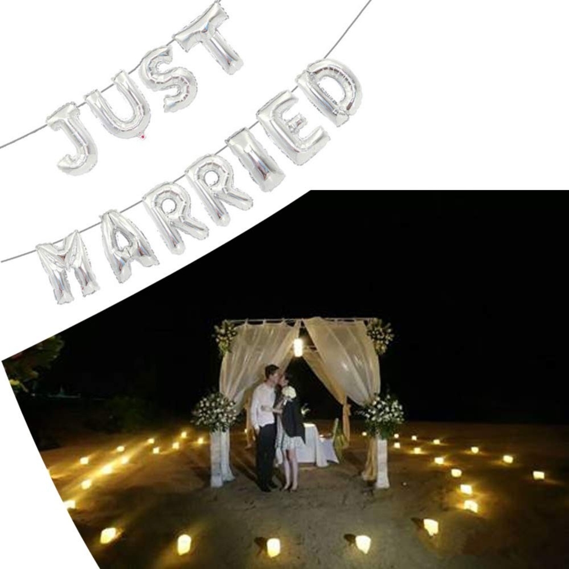 Set Baloane din Folie Metalizata, Flippy, Figurine Litere, Model Just Married, Tema Nunta, 40 cm, Baloane Party, Ambalaj Individual, Pai inclus, Umflare cu Aer sau Heliu, Argintiu