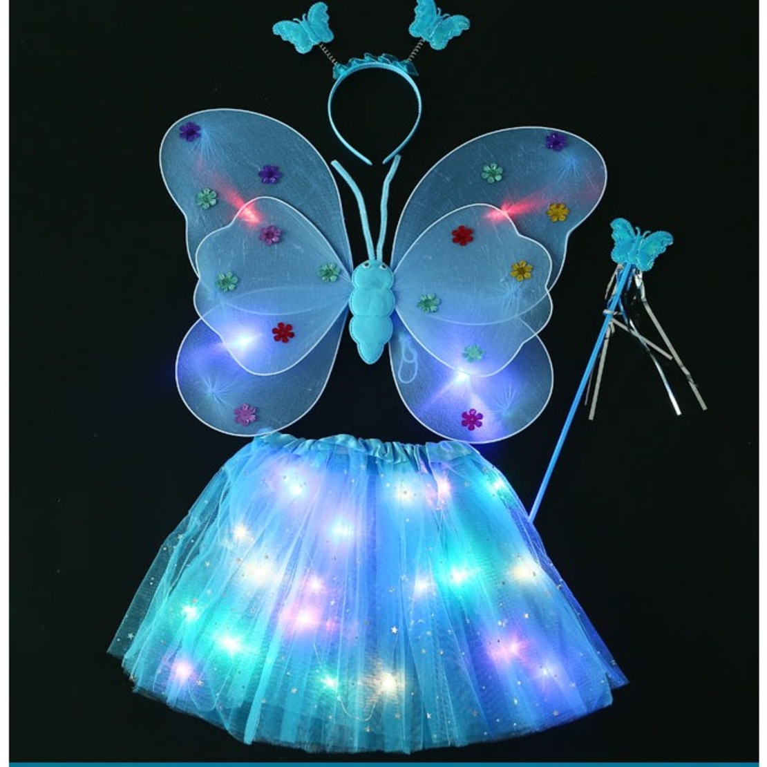 Costum Fluturas cu Aripi Modelabile Luminoase pentru Copii, Flippy, Fusta din Tul cu Lumini, Bagheta si Bentita, 4 piese, Pentru Halloween, Roleplay, Craciun, Carnaval, Paste, Ziua Copilului, Bumbac/Poliester, Marime universala, Albastru