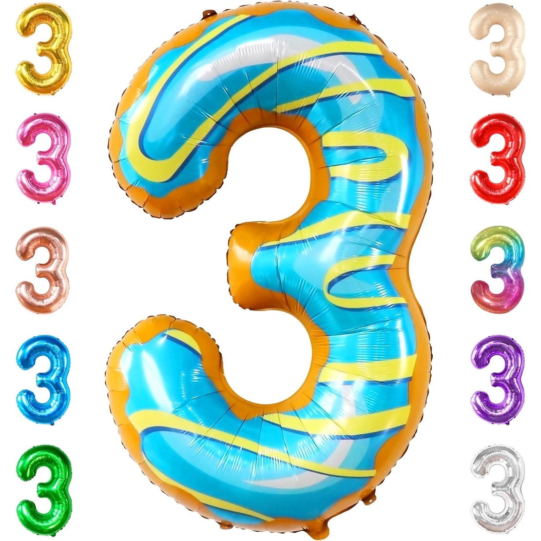Balon din Folie Metalizata Flippy, Figurina Cifra, Imprimeu Gogosi, Tema Aniversare 100 cm, Ambalaj Individual, Pai inclus, Umflare cu Aer sau Heliu, Multicolor, Cifra 3