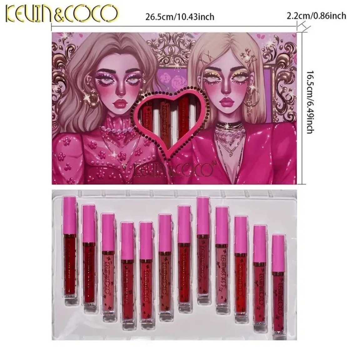 Set 12 Lip Gloss Kevin&Coco, nuante de rosu, rose, nude, cutie dreptunghiulara, 26.5x16.5x2.2 cm, 200 g, multicolor