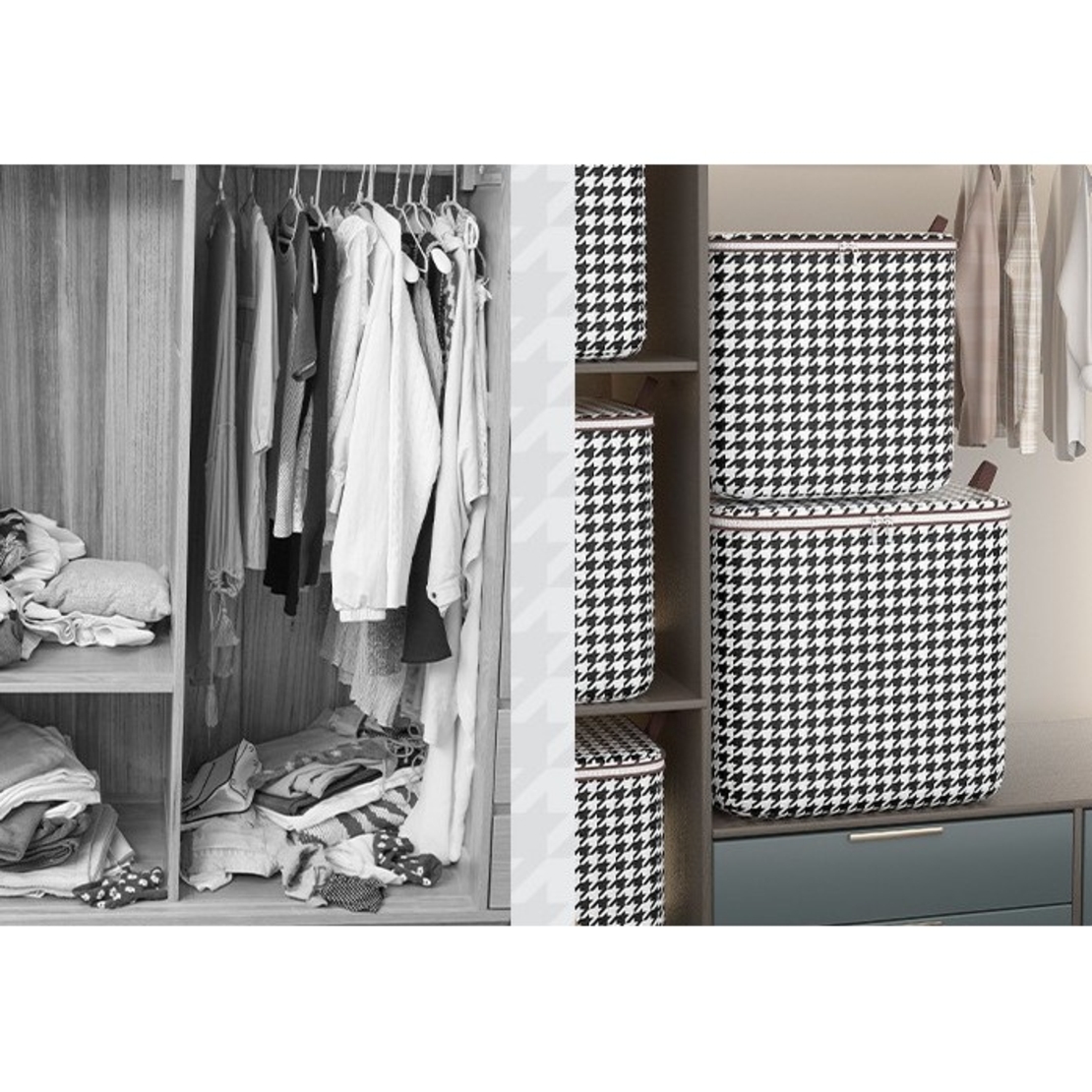 Cutie de Depozitare cu Fermoar, Flippy, Pliabila, Maner Ranforsat, Fermoar Rezistent, pentru Haine, Paturi, Plapumi, Perne, Lenjerii de Pat, Jucarii, 50x50x70 cm, 180 Litri, in Carouri, Alb-Negru