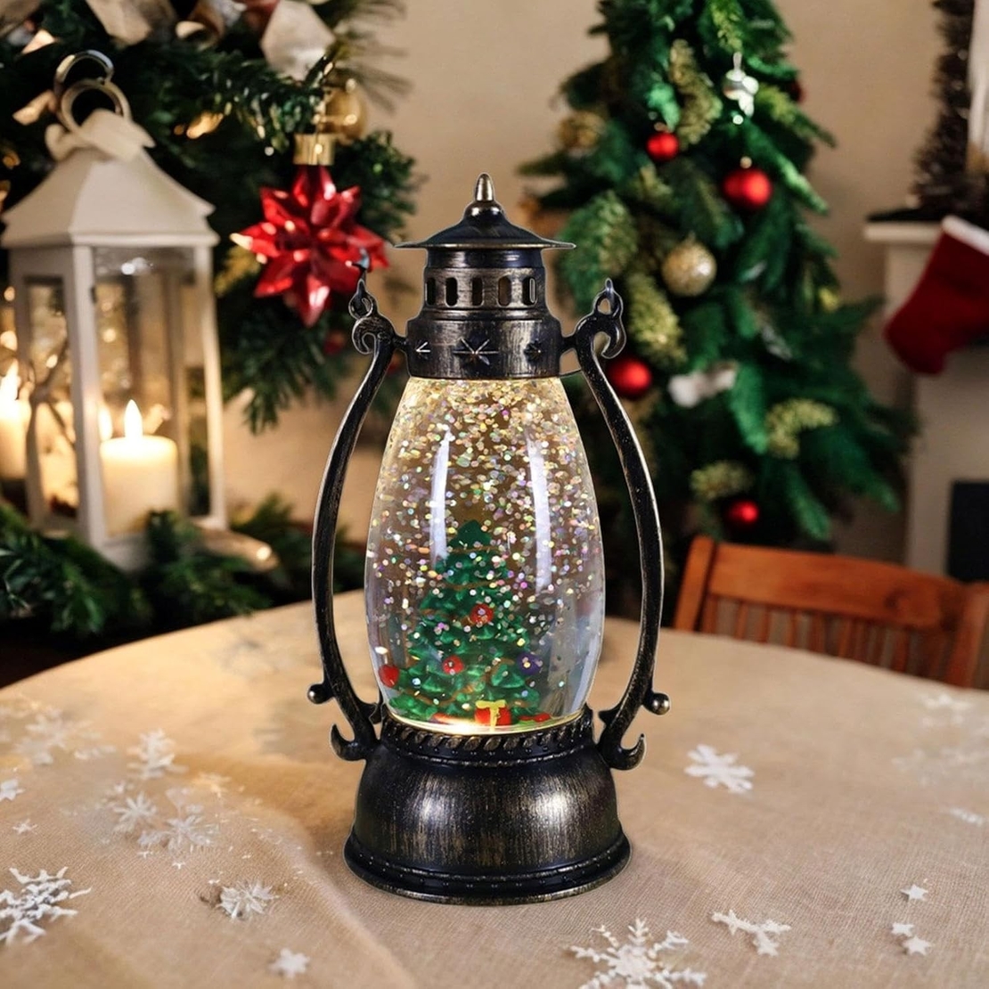 Decoratiune Luminoasa, Flippy, Felinar de Craciun, cu Lumina LED, Ornament Model Lampa cu Ulei Brad de Craciun, cu Maner, 14x7x6 cm, Negru