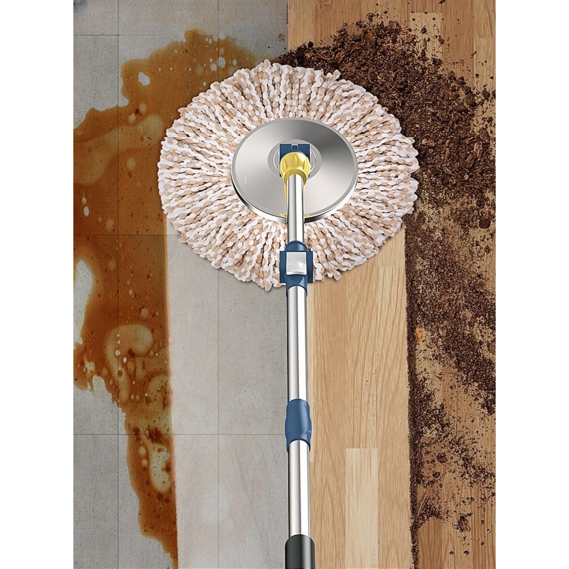 Set Galeata si Mop Rotativ 360°, Flippy, Cu Dubla Actiune Centrifuga, Pentru Uz Casnic, Maner din Otel Inoxidabil Telescopic, 2 Capte din Bumbac, 46x27x29 cm, Alb