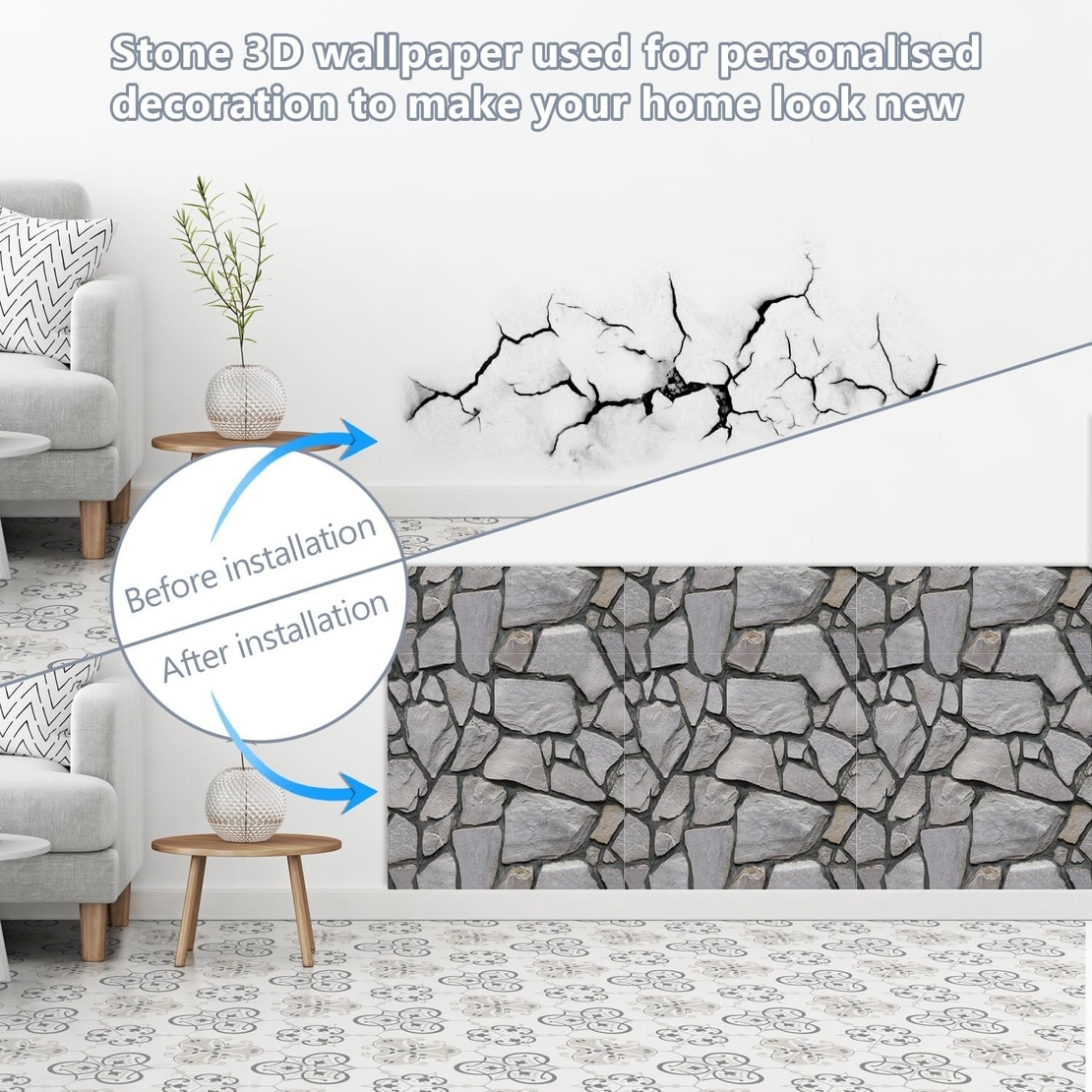 Set 10 x Placi Tapet Autocolant 3D cu Imitatie de Pietre, pentru Perete Bucatarie Sufragerie, Usor de Curatat, Rezistent la Apa, Autoadeziv, 30x30 cm, Gri