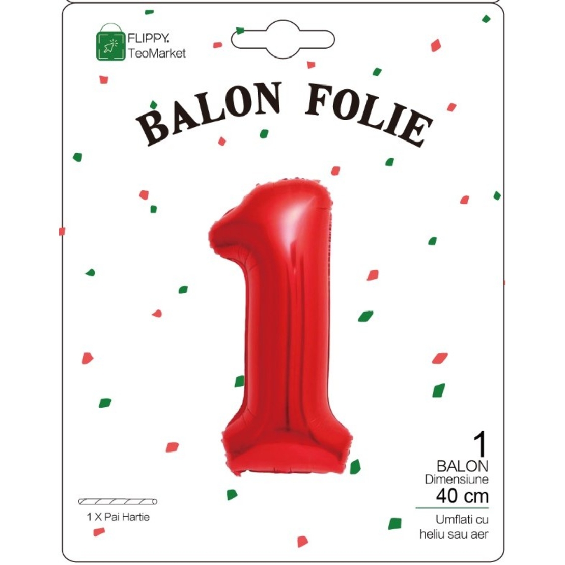 Balon din Folie Metalizata Flippy, Figurina Cifra, Tema Aniversare 40 cm, Ambalaj Individual, Pai inclus, Umflare cu Aer sau Heliu, Rosu, Cifra 1
