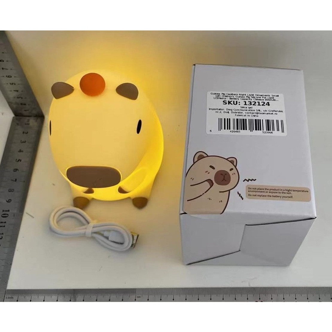 Lampa de Veghe pentru Copii, Flippy, din Silicon, Senzor Tactil, Model Capibara, Lumina Calda, Protectie pentru Ochi, Incarcare USB, Capacitate Baterie Incorporata 800mAh, 10.8x9x12.8 cm, Alb