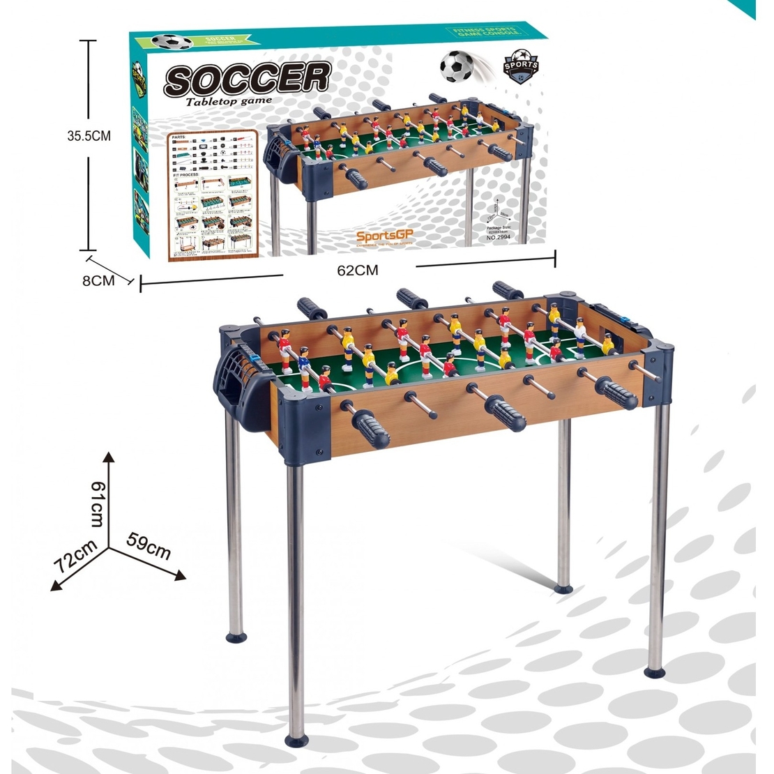 Masa de Fotbal, Flippy, cu Picioare Inalte, 6 Manere, Tablou de Scor, 62 x 8 x 35.5 cm, din Lemn/Otel si ABS, Maro