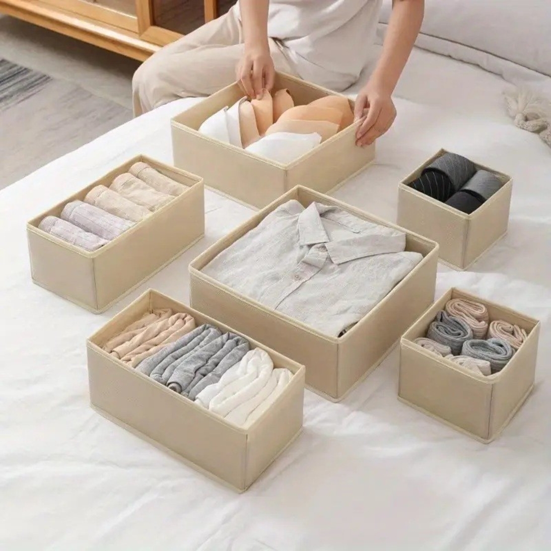 Organizator pentru Sertar, Flippy, 3 Marimi, pentru Lenjerie, Tricouri, Sosete, 6 Piese, Pliabil, Stivuibil, din Tesatura, Alb