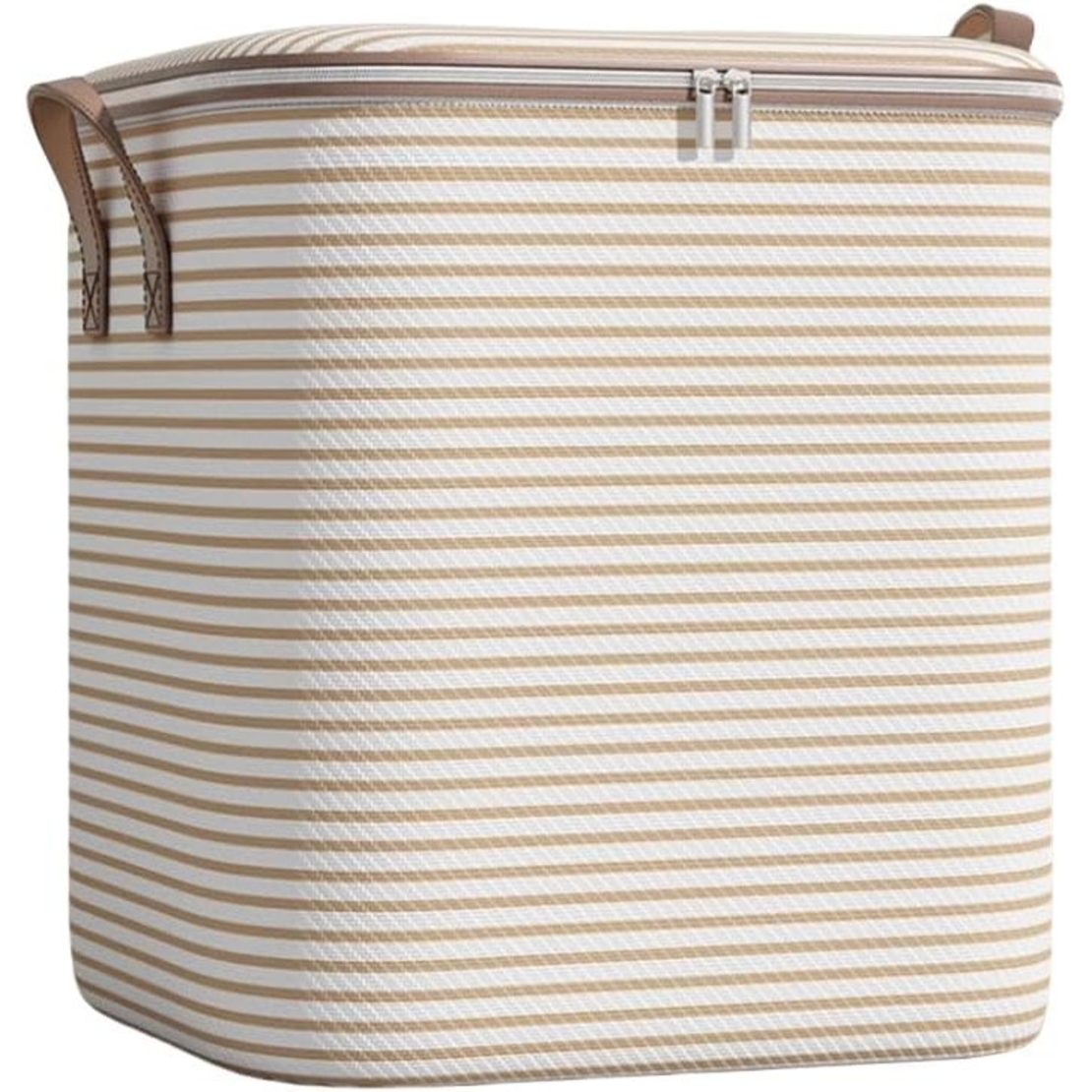 Cutie de Depozitare cu Fermoar, Flippy, Pliabila, Maner Ranforsat, Fermoar Rezistent, pentru Haine, Paturi, Plapume, Perne, Lenjerii de Pat, Jucarii, 56x45x56 cm, 150 Litri, in Dungi, Bej