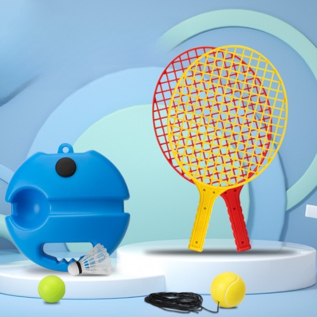 Set Badminton pentru Copii, Flippy, Doua Palete, Fluturas, 2 Mingi, Minge cu Elastic pentru Antrenament, Suport de Prindere Stabil, 40.5x23 cm, Rosu Galben