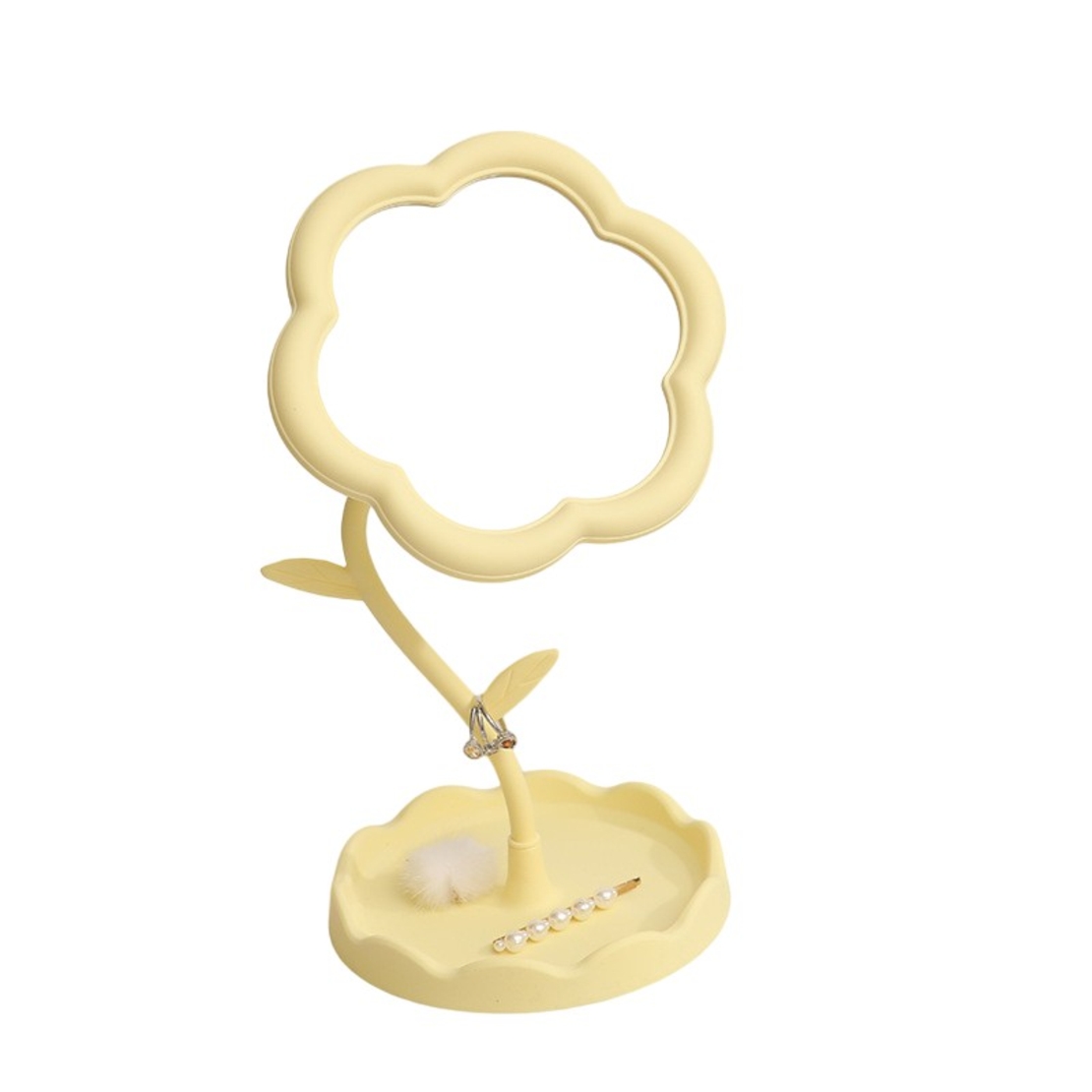 Oglindă de Machiaj pentru Birou, Flippy, Rotativă, Detasabilă, Model de Floarea Soarelui, Suport pentru Inele, cu Depozitare, Galbena