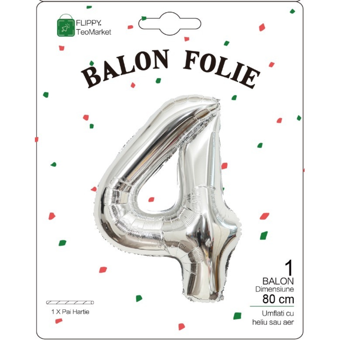 Balon din Folie Metalizata, Flippy, Figurina Cifra, Tema Aniversare 80 cm, Ambalaj Individual, Pai inclus, Umflare cu Aer sau Heliu, Argintiu, Cifra 4