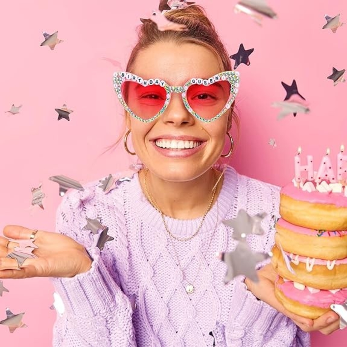 Ochelari Decorativi, Flippy, Model Birthday Queen, cu Diamante, pentru Aniversari, din PC, 15.3 x 5.7 x 14.5 cm, Roz