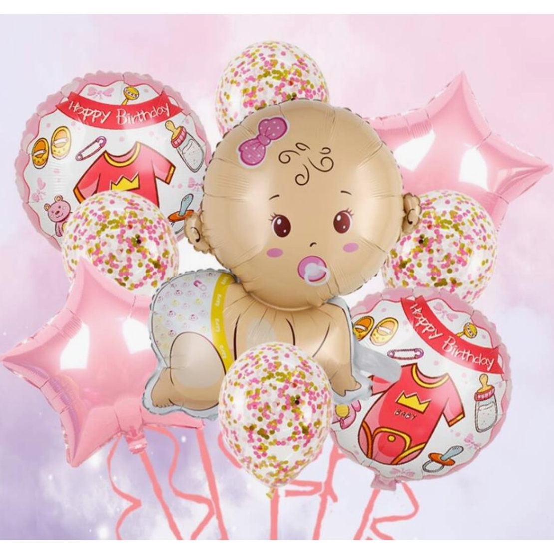 Balon din Folie Metalizata, Flippy, Mini Figurina, Model Bebelus Fetita, Tematica Gender Reveal, 45x25 cm, Ambalaj Individual, Pai Inclus, Umflare cu Aer sau Heliu, Multicolor