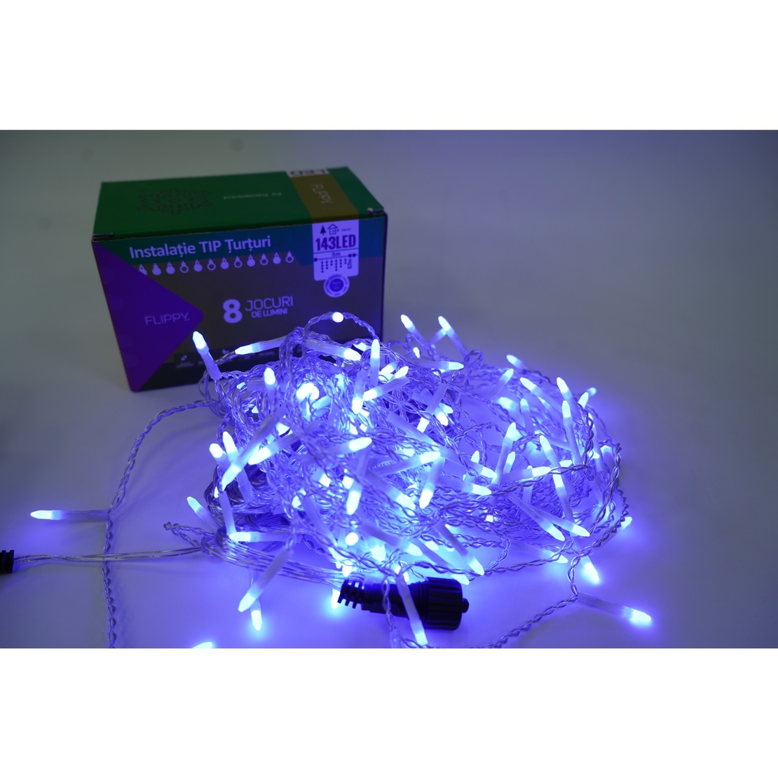 Sectiune Instalatie de Craciun, Flippy®, Tip Turturi, Fara Alimentator, 5m, 143 LED-uri, 8 Jocuri de Lumini, Fir Transparent, Lumina Albastra, IP44, Interconectabila