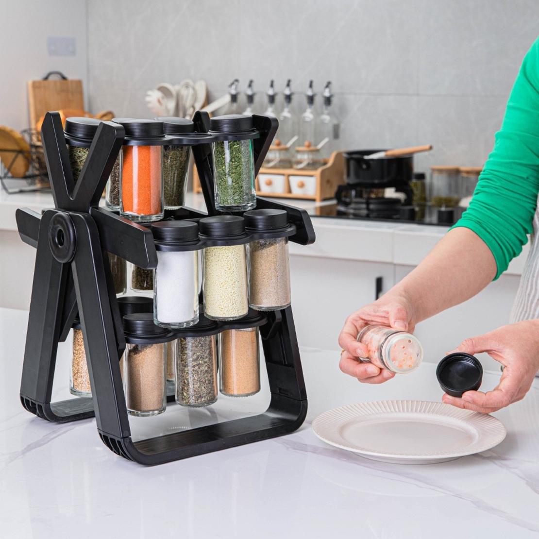 Suport Pentru Condimente Rotativ, Flippy, Multifunctional, Pivotant 360°, Portabil, Usor de Montat, 34x23 cm, ABS/Sticla, Negru