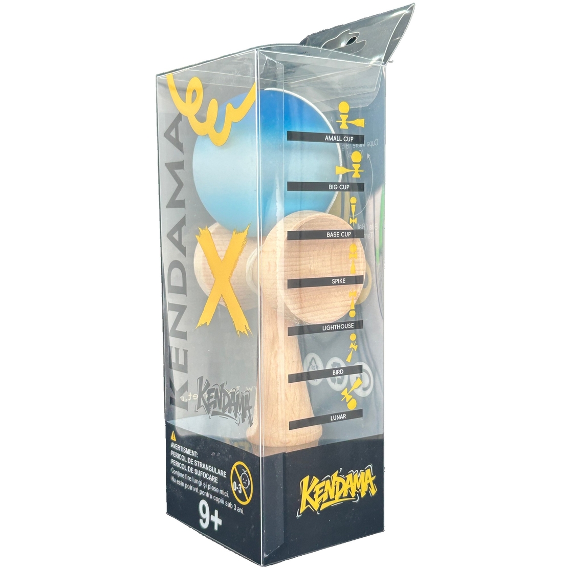 Jucarie Interactiva Kendama X Profesionala, Flippy, din Lemn cu Bila Cauciucata, 18 cm, Joc de Indemanare pentru Copii si Adulti, Gradient Albastru Alb