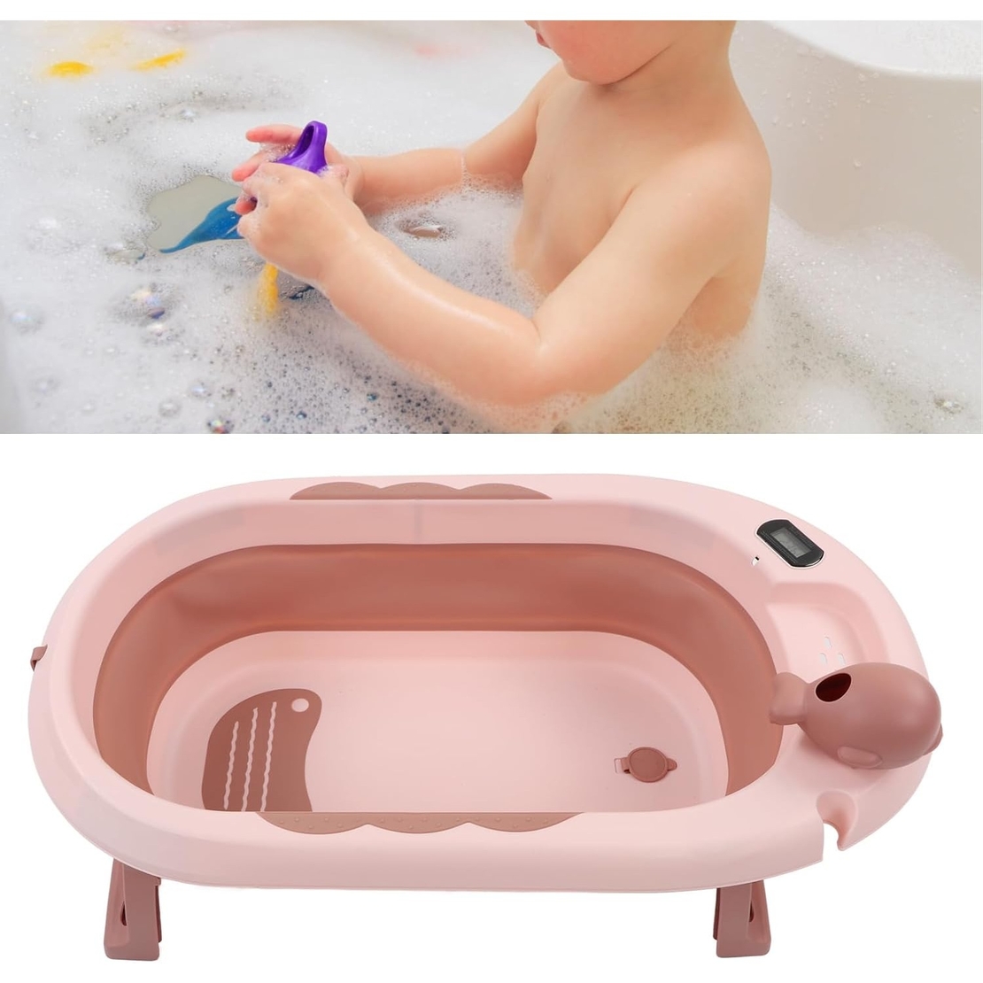 Cada de Baie, Flippy, pentru Copii 0 luni - 6 Ani, cu Termometru, Pliabila, Perna Suport Inclusa, din Plastic, 81.5 x 49 x 21.5 cm, Roz