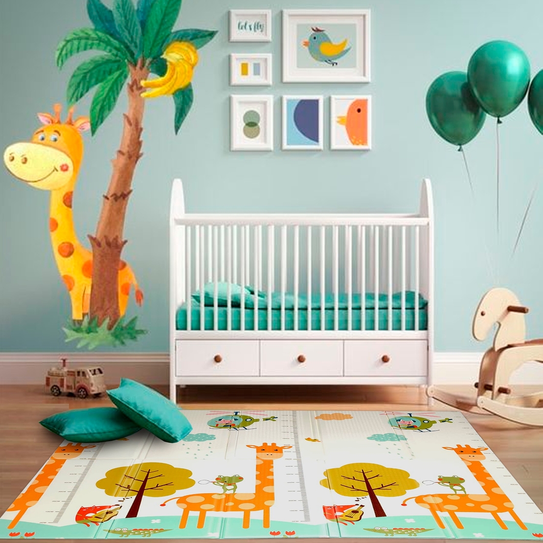 Covoras de Joaca pentru Copii Termic cu 2 Fete, Flippy, Model Girafe si Pinguini, cu Spuma, Impermeabil, Antiderapant, 200cm x 180cm x 1cm