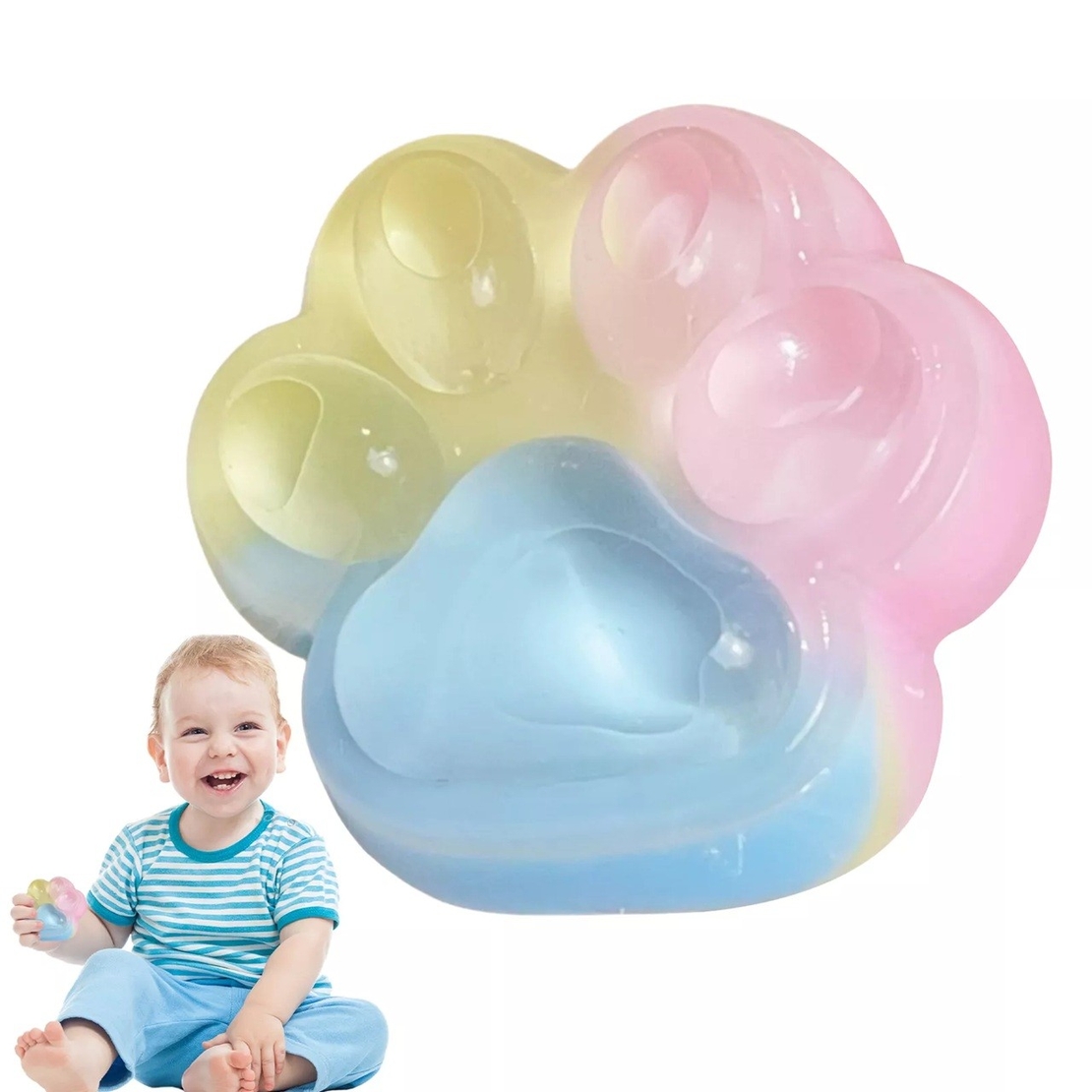 Jucarie Antistres Squishy, Flippy, cu Revenire Lenta, Squeeze Pinch Family, Model Cat Paw, 6.5 x 6 cm, din Tpr, 4-6 Ani, Model Curcubeu, Multicolor cu Insertii
