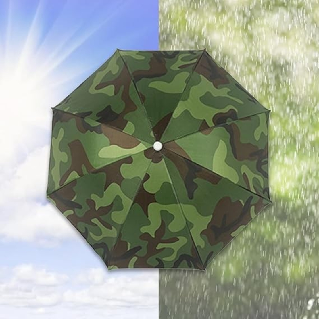 Umbrela de Cap, Flippy, Diametru 69 cm, Snur Reglabil de Cap, Protectie UV/Ploaie, Camuflaj