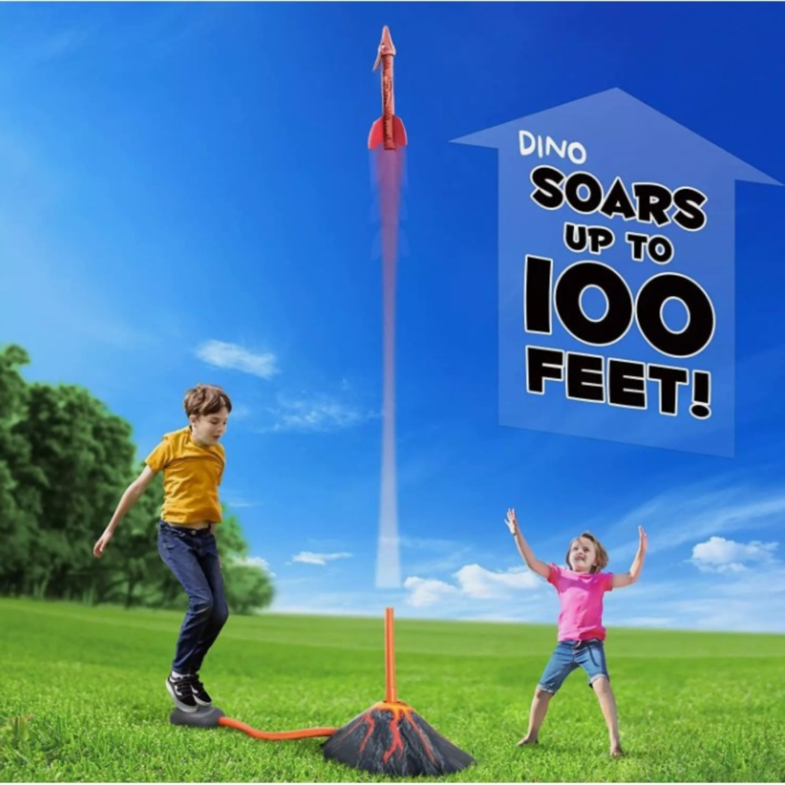 Jucarie pentru Copii, Flippy, Lansator de Rachete cu Piciorul, un Singur Lansator, 3 Rachete Donozauri cu Lumini, 30 cm Inaltime, Model Vulcan, Multicolor