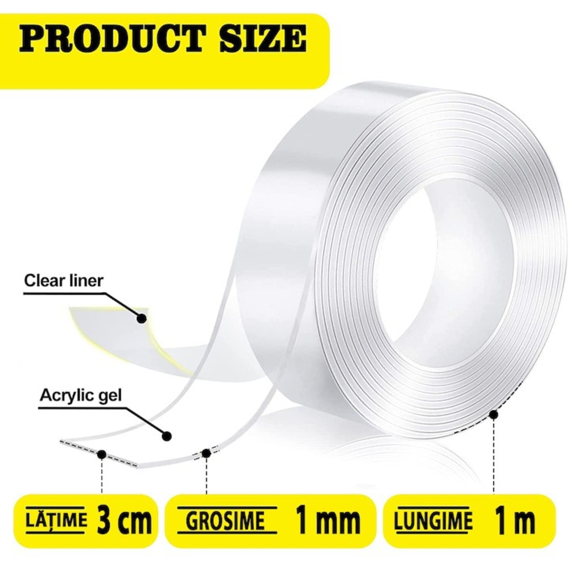 Banda Dublu Adeziva, Flippy, Transparenta, Rezistenta la Apa, Reutilizabila, Tehnologie Nano, 30mm x 1mm x 1m, Fara Urme