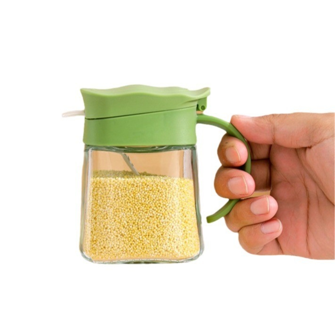 Recipient Condimente, Flippy, din Stilca, 180 ml, cu Maner si Lingurita, 11.3 x 8.2 cm, Capac Ondulat, Verde