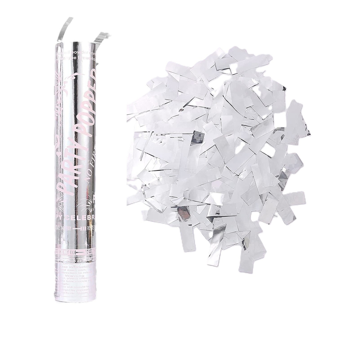 Tub de Confetti, Flippy, Party Popper, 30x5 cm, Confetii Lucioase Rezistente la Foc, Eliberare prin Rasucire, Argintiu